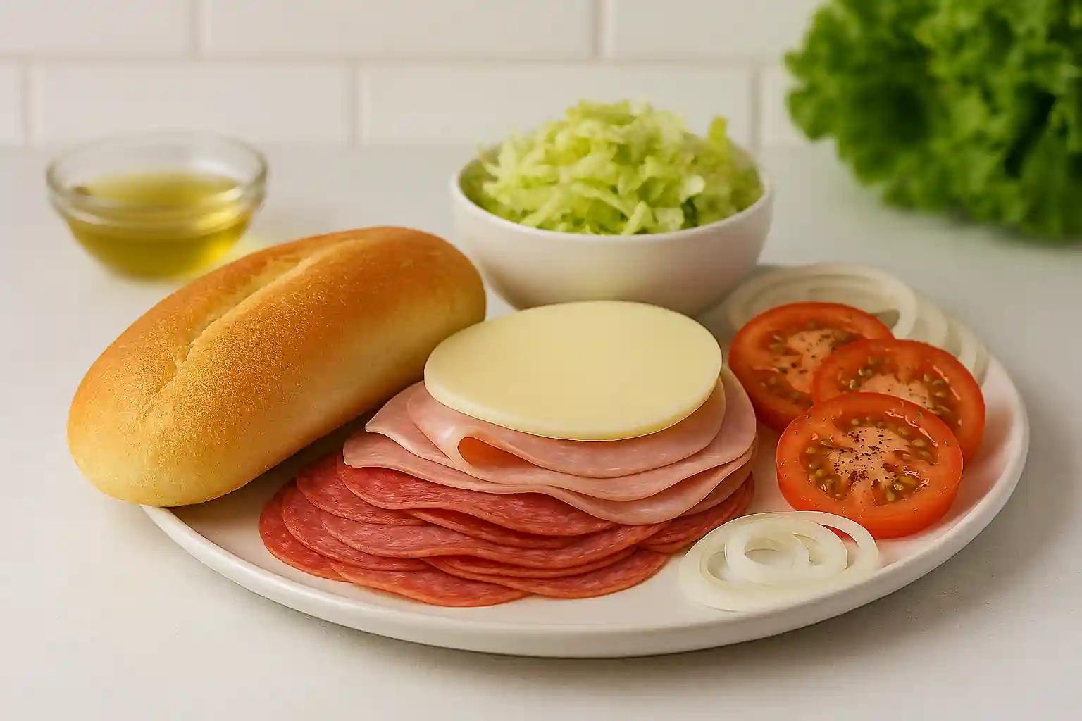 Authentic Italian hoagie sandwich with cured meats, provolone cheese, fresh vegetables, and oil-and-vinegar dressing on a crusty sub roll