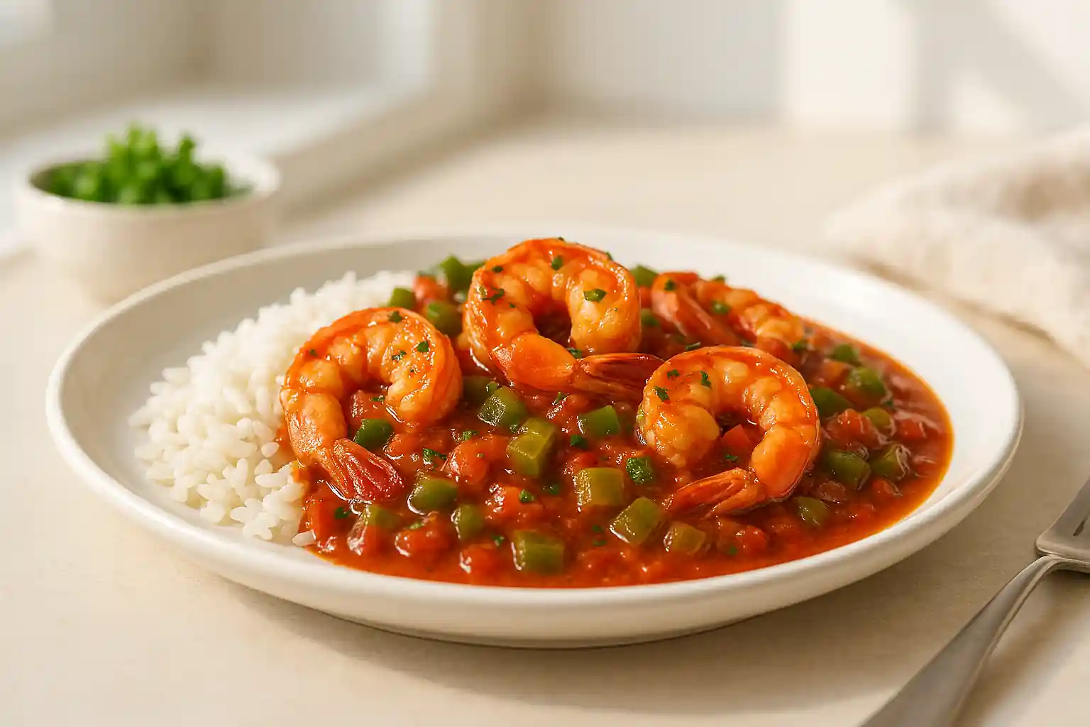 Single serving of prawn creole recipe in tomato sauce over rice, garnished with parsley in a sunlit kitchen.