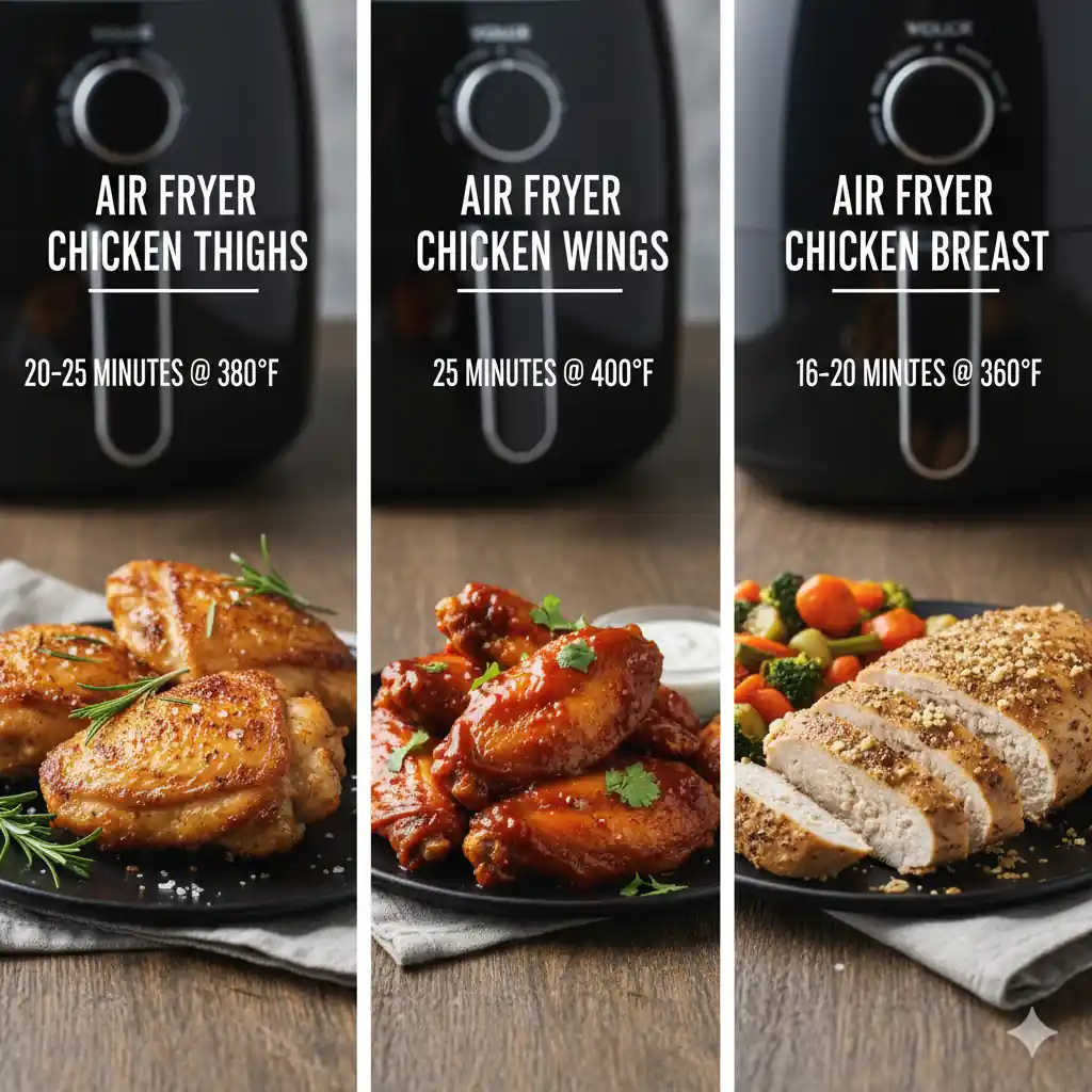 A vertical triptych showcasing different air fryer chicken cuts: crispy chicken thighs, saucy chicken wings, and perfectly sliced chicken breast, with recommended cooking times and temperatures.