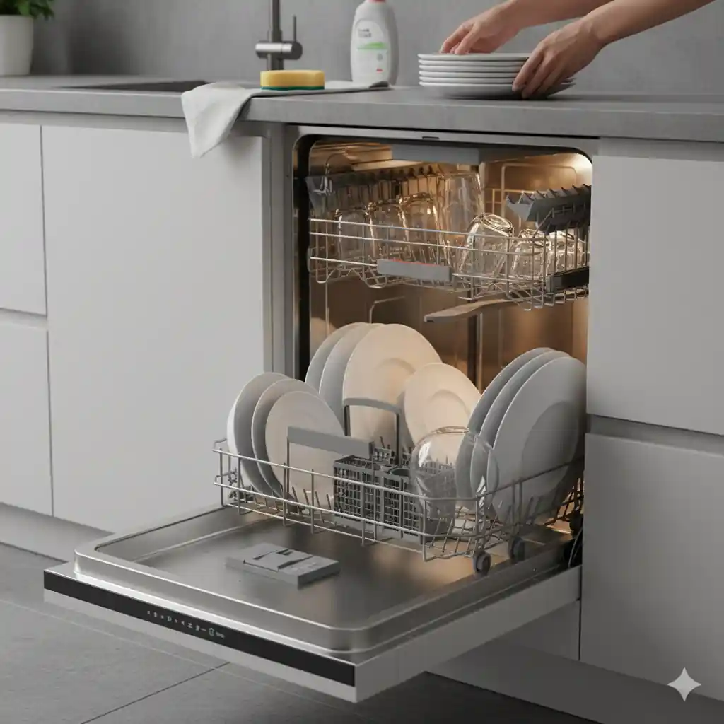 A modern kitchen with an open dishwasher filled with sparkling clean dishes and glasses. A person's hands are placing more clean plates onto the top rack.