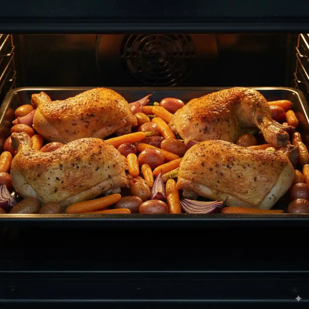 Golden-brown, crispy baked chicken hindquarters and roasted vegetables (carrots, potatoes, onions) cooking in a hot oven, showing a delicious browning.