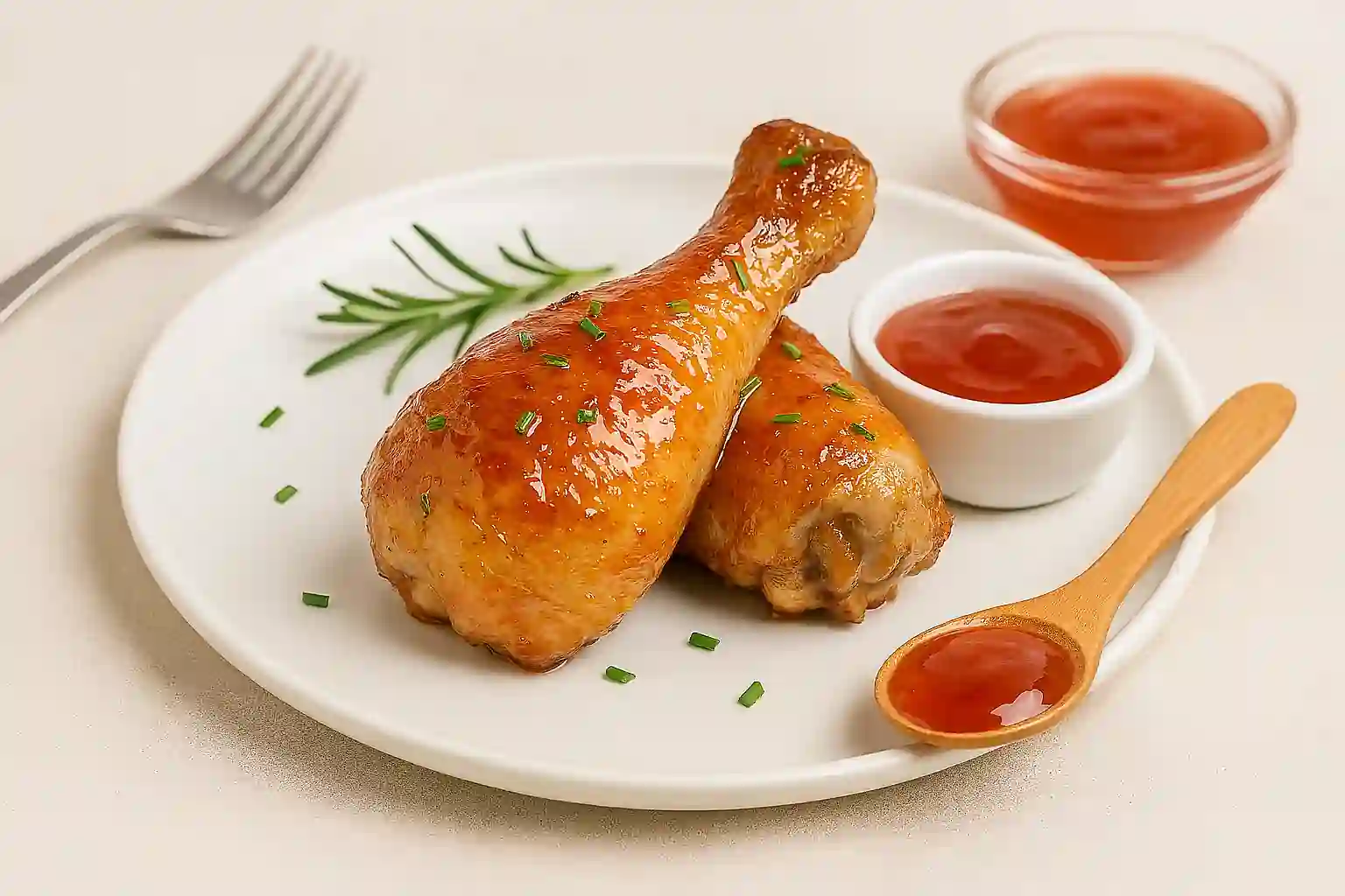 "Crab apple jelly glazed chicken drumsticks with rosemary and jelly bowl in bright kitchen light"