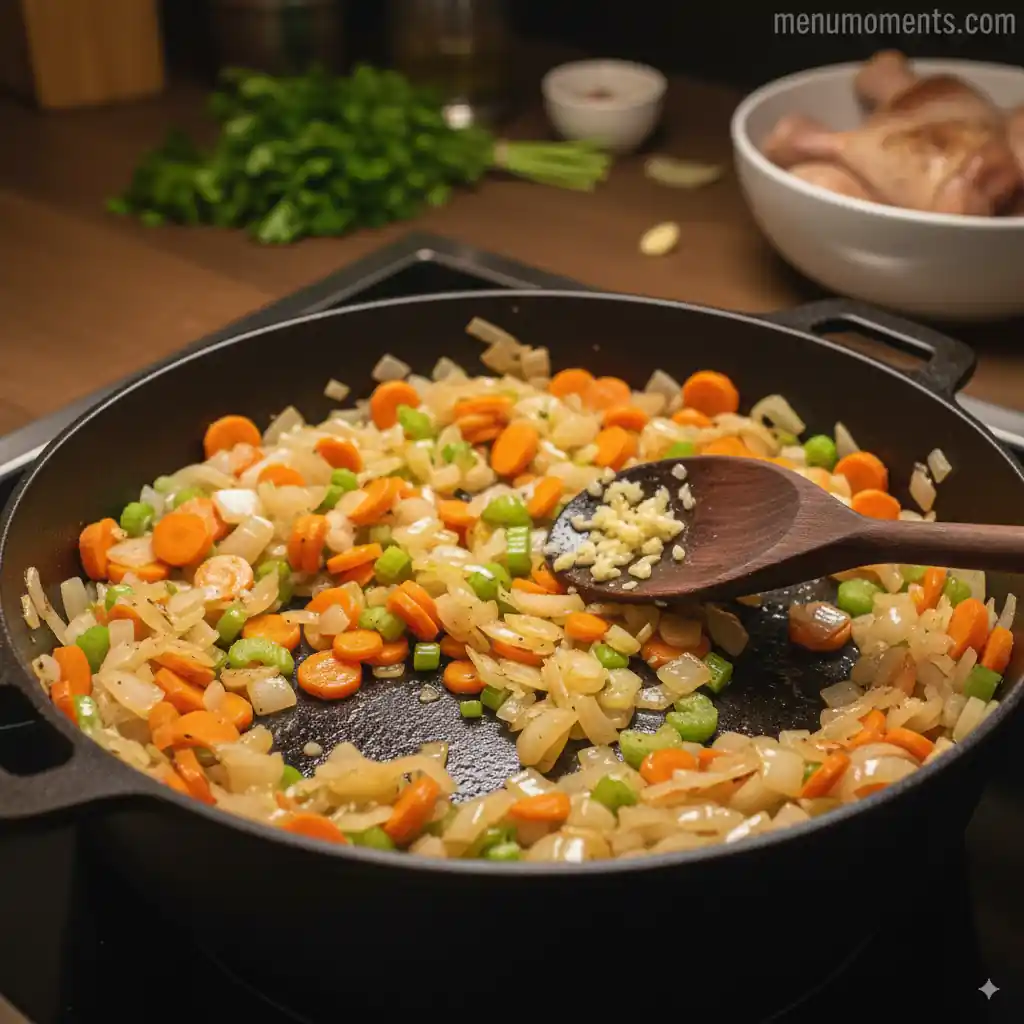 Chopped onions, carrots, and celery are being sautéed in a cast iron skillet on a stovetop, with minced garlic being added from a wooden spoon. The vegetables are softening and becoming fragrant. A "menumoments.com" watermark is visible in the background.