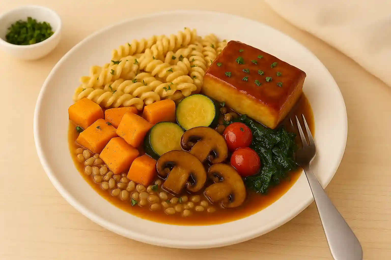 "Single-serving vegan casserole with creamy cashew cheese sauce, roasted vegetables, and crab apple glaze"
