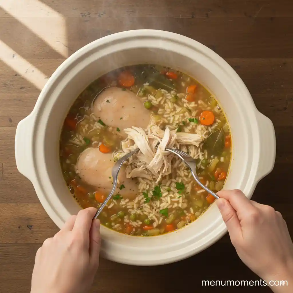 Cooked chicken rice soup in a crockpot with hands using two forks to shred one of the tender chicken breasts, steam rising, branded menumoments.com