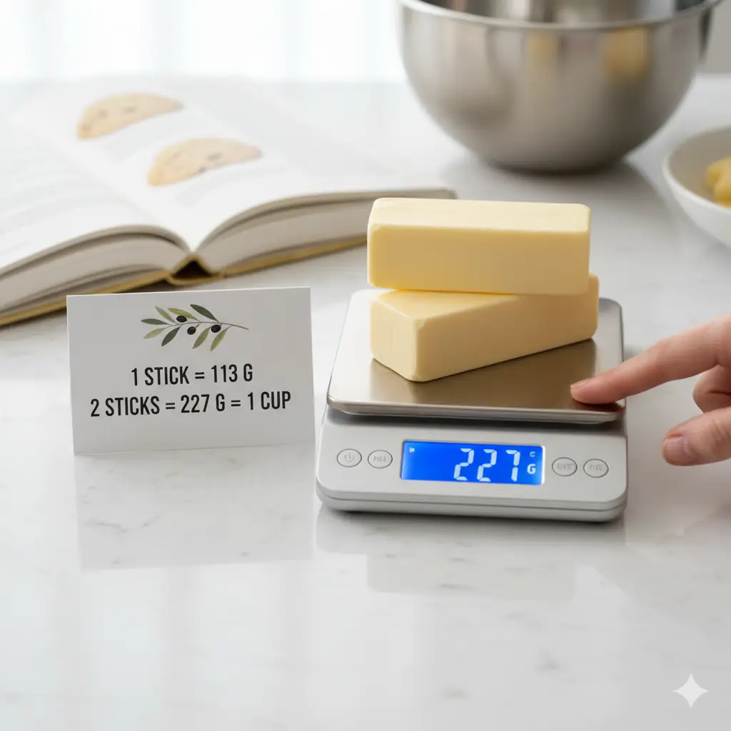 A hand pressing a food scale with two sticks of butter showing 227 grams, alongside a conversion chart indicating 1 stick = 113g.