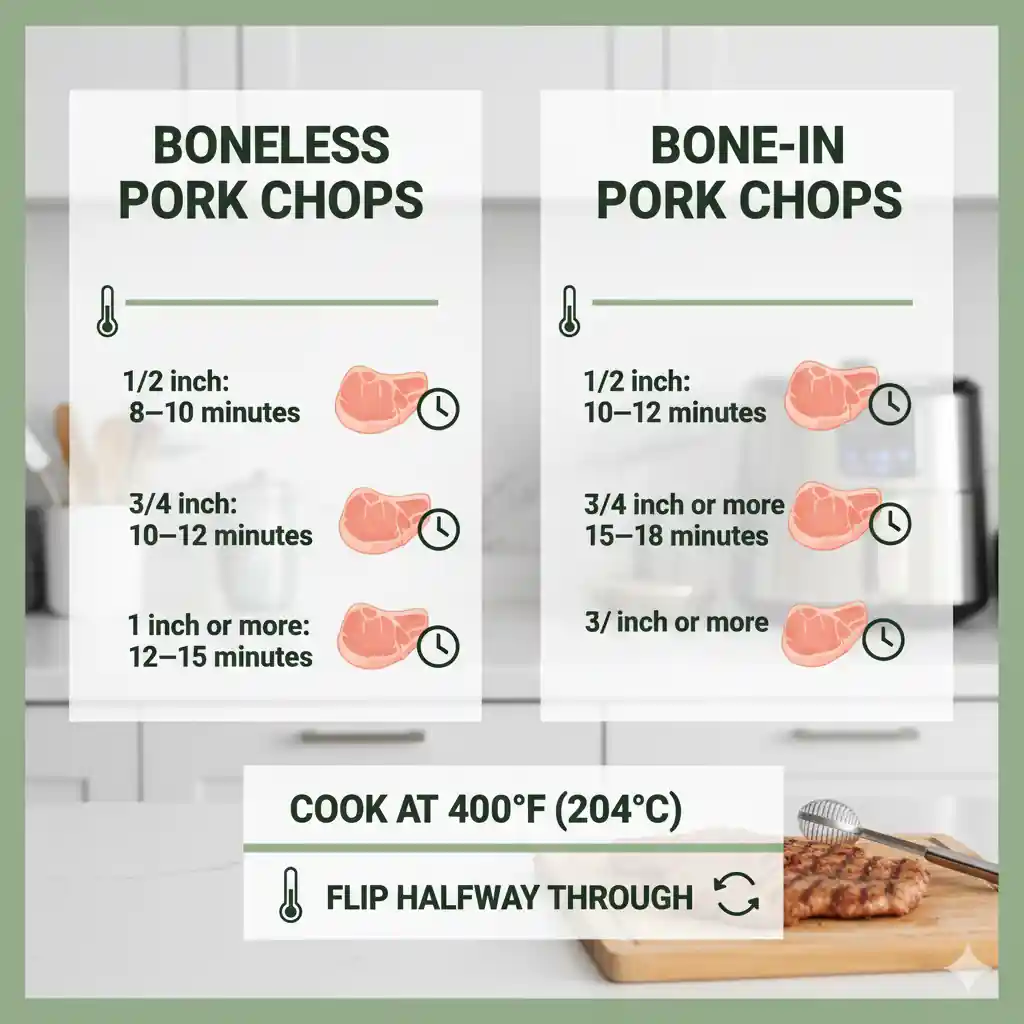 Chart detailing air fryer cooking times for boneless and bone-in pork chops based on thickness, including recommended temperature (400°F) and flipping instructions.