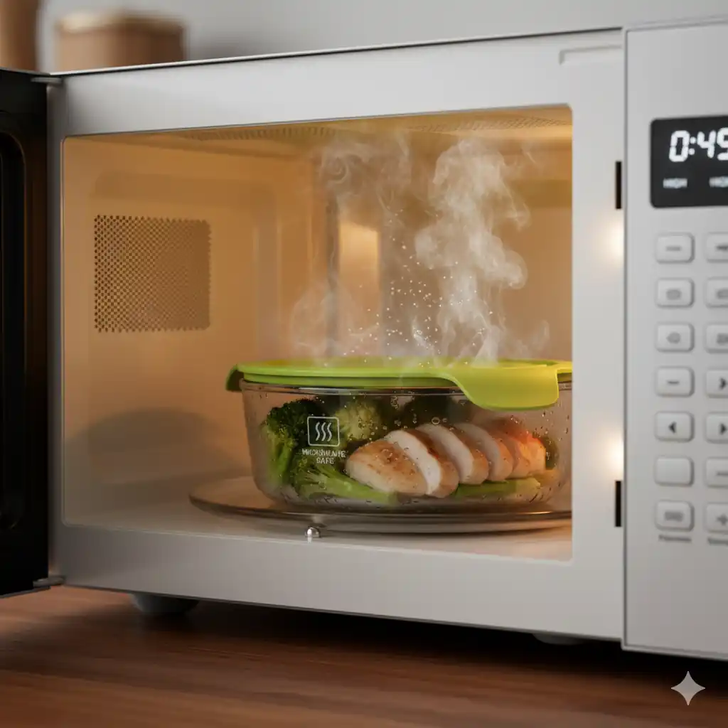 A modern microwave oven heating a glass container with chicken and broccoli, showing steam rising, highlighting microwave-safe materials.