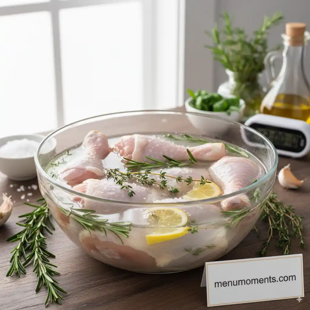 Raw chicken drumsticks and thighs soaking in a clear glass bowl of brine with fresh rosemary, thyme, and lemon slices. Salt and garlic cloves are visible on the wooden surface next to the bowl, branded menumoments.com.