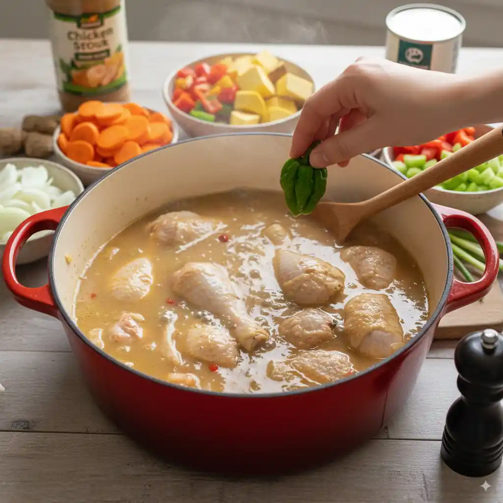 Simmering chicken drumsticks with red peppers and broth in a Dutch oven, surrounded by fresh vegetables and spices for spicy stew preparation