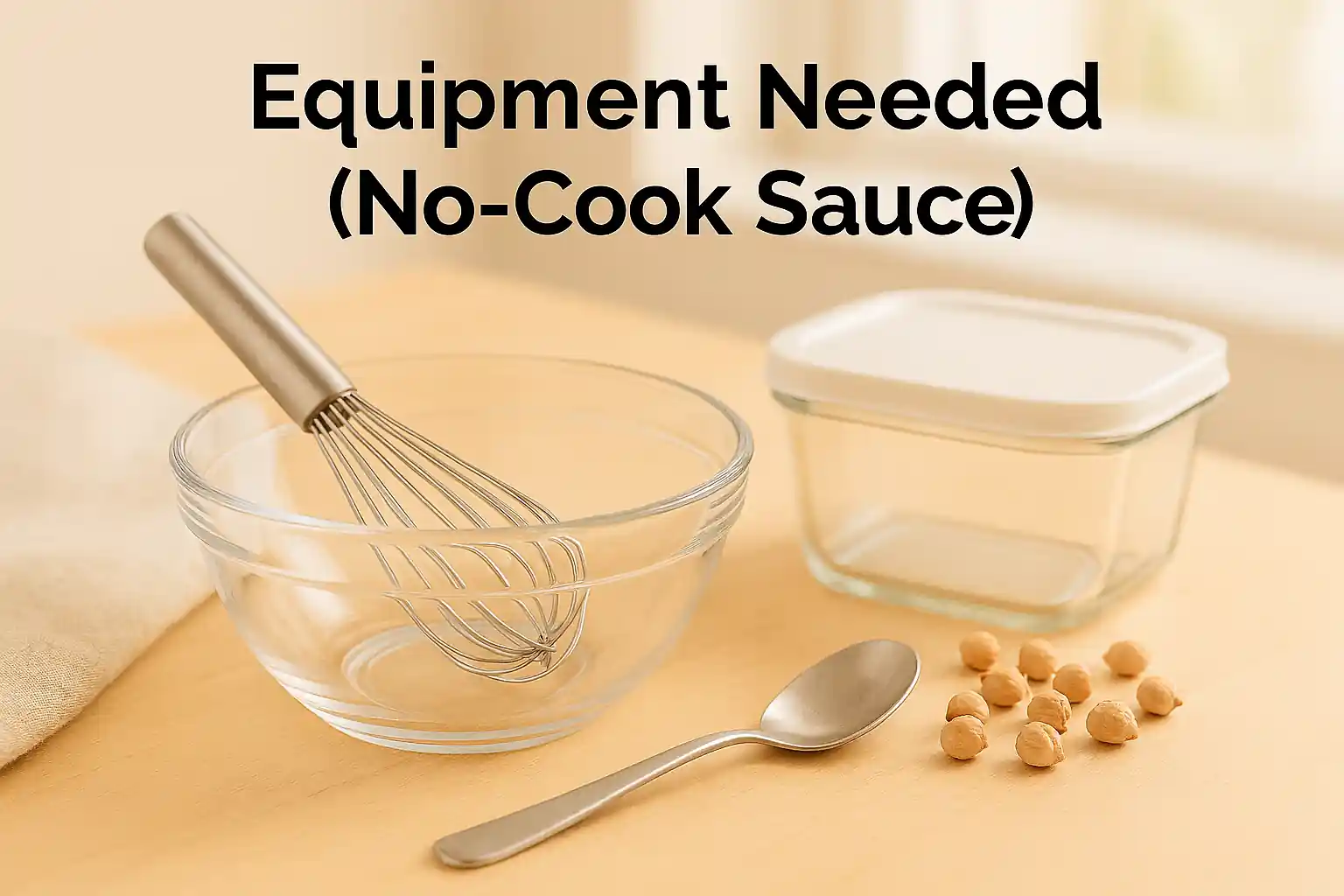 Basic kitchen tools for making a no-cook sauce: a mixing bowl with whisk, spoon, and airtight container arranged on a light wooden countertop in natural lighting.