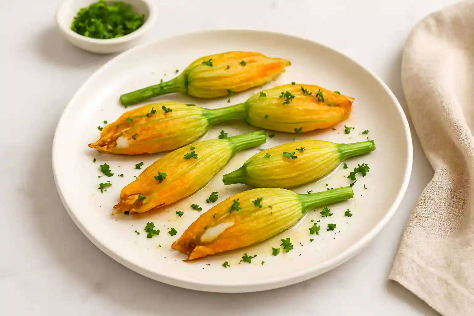 Golden stuffed squash blossoms plated on white ceramic with fresh herbs in a bright kitchen setting.