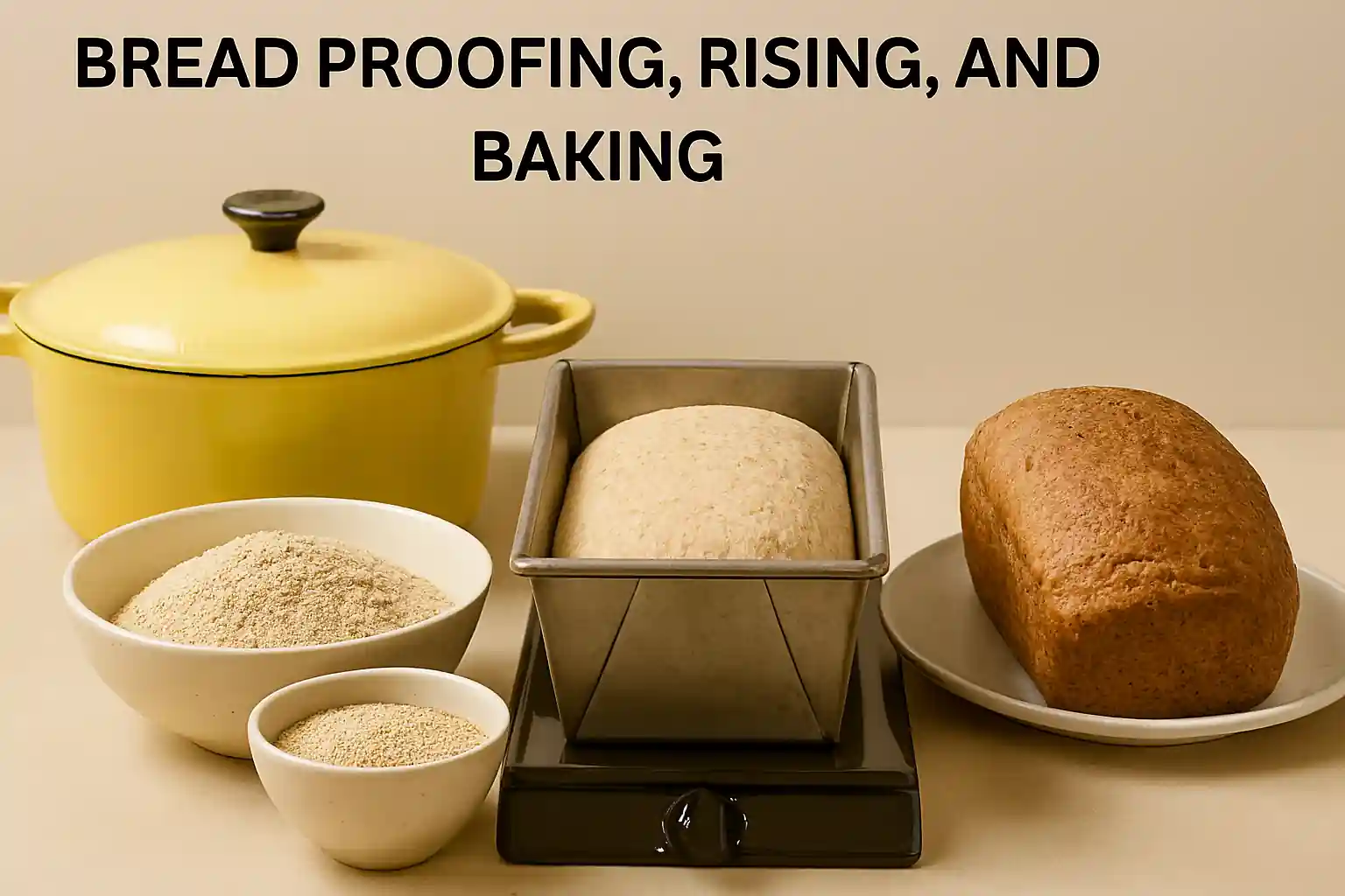 Homemade bread in proofing bowl, rising loaf pan, and baked loaf in Dutch oven