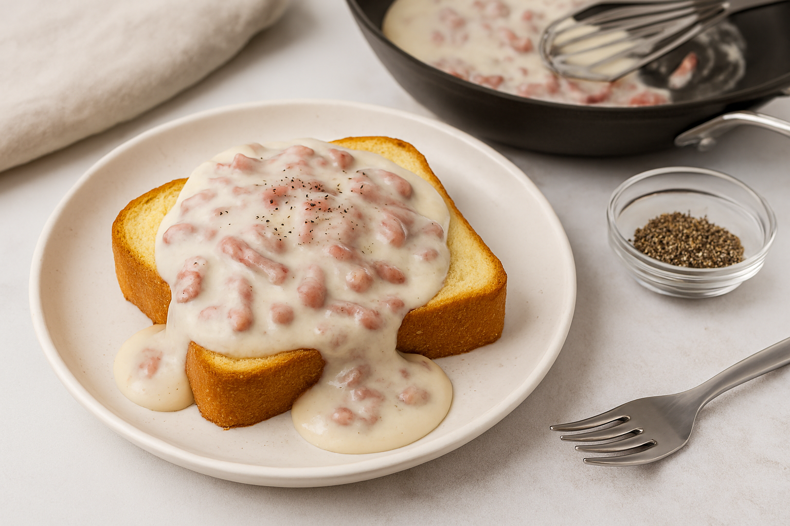Homemade shit on a shingle recipe plated with creamy chipped beef in white gravy over toast, shown with skillet, whisk, and ingredients in a bright kitchen.