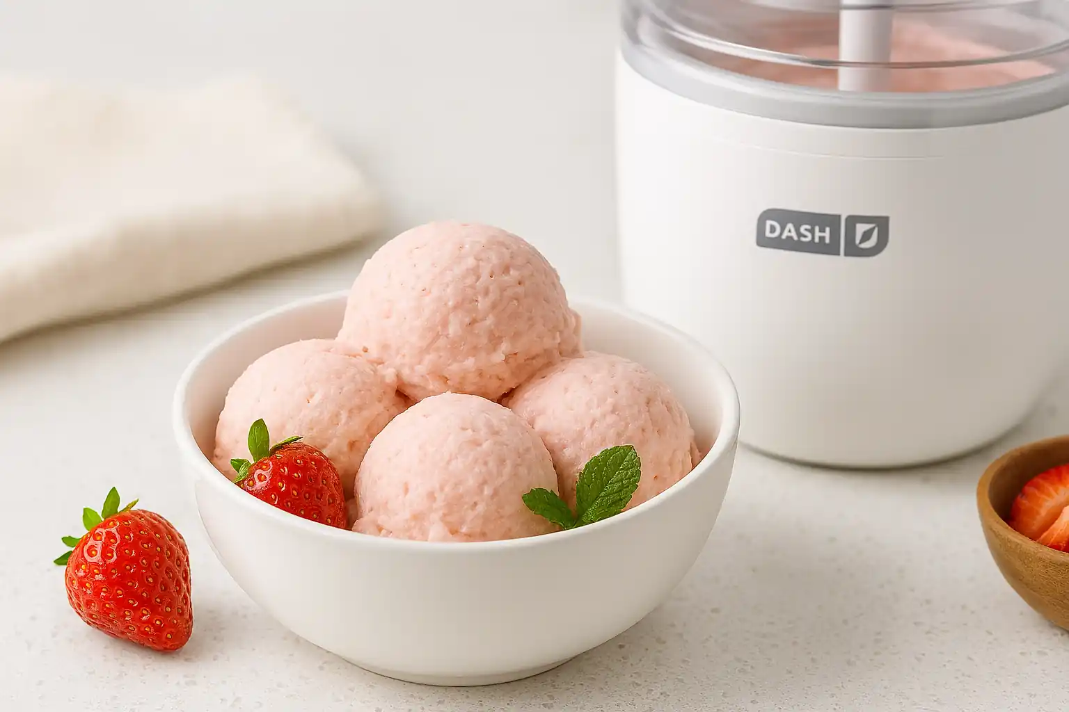 Homemade vanilla ice cream served in a white bowl with mint garnish beside a Dash ice cream maker recipes on a bright kitchen counter.
