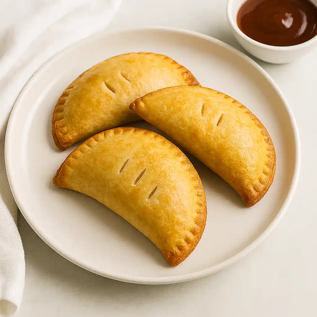 A single golden breakfast hand pie with flaky crust and steam rising, plated on a white ceramic dish in bright natural kitchen lighting.