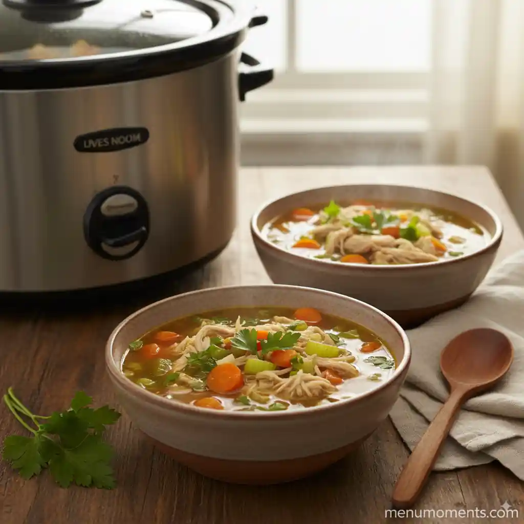 Hot chicken noodle soup with shredded chicken, carrots, celery, and parsley served in bowls beside a slow cooker on a wooden table