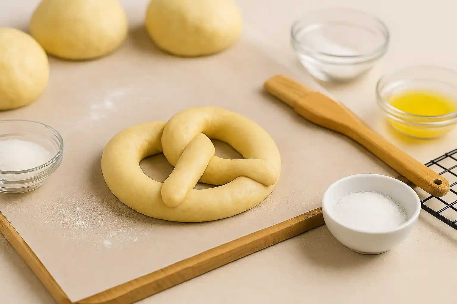 Unbaked pretzel dough shaped into classic knots on parchment paper with dough balls and shaping tools