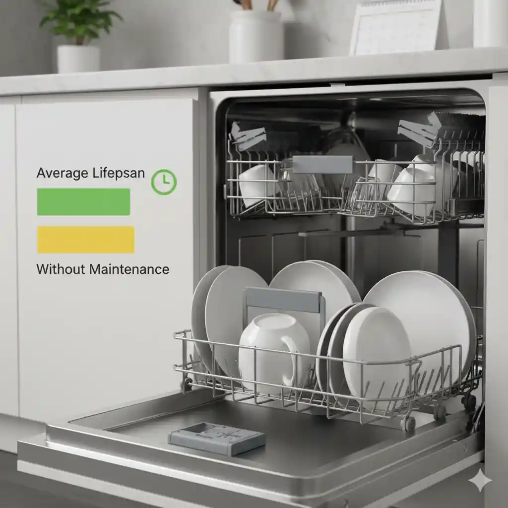 An infographic showing "Average Lifespan" in green and "Without Maintenance" in yellow, overlaid on an image of an open dishwasher filled with dishes.