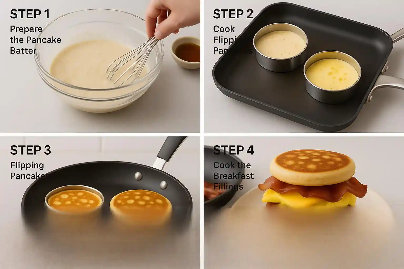 Homemade McGriddle pancakes being flipped on a nonstick griddle with pancake rings, golden brown and infused with maple syrup pockets