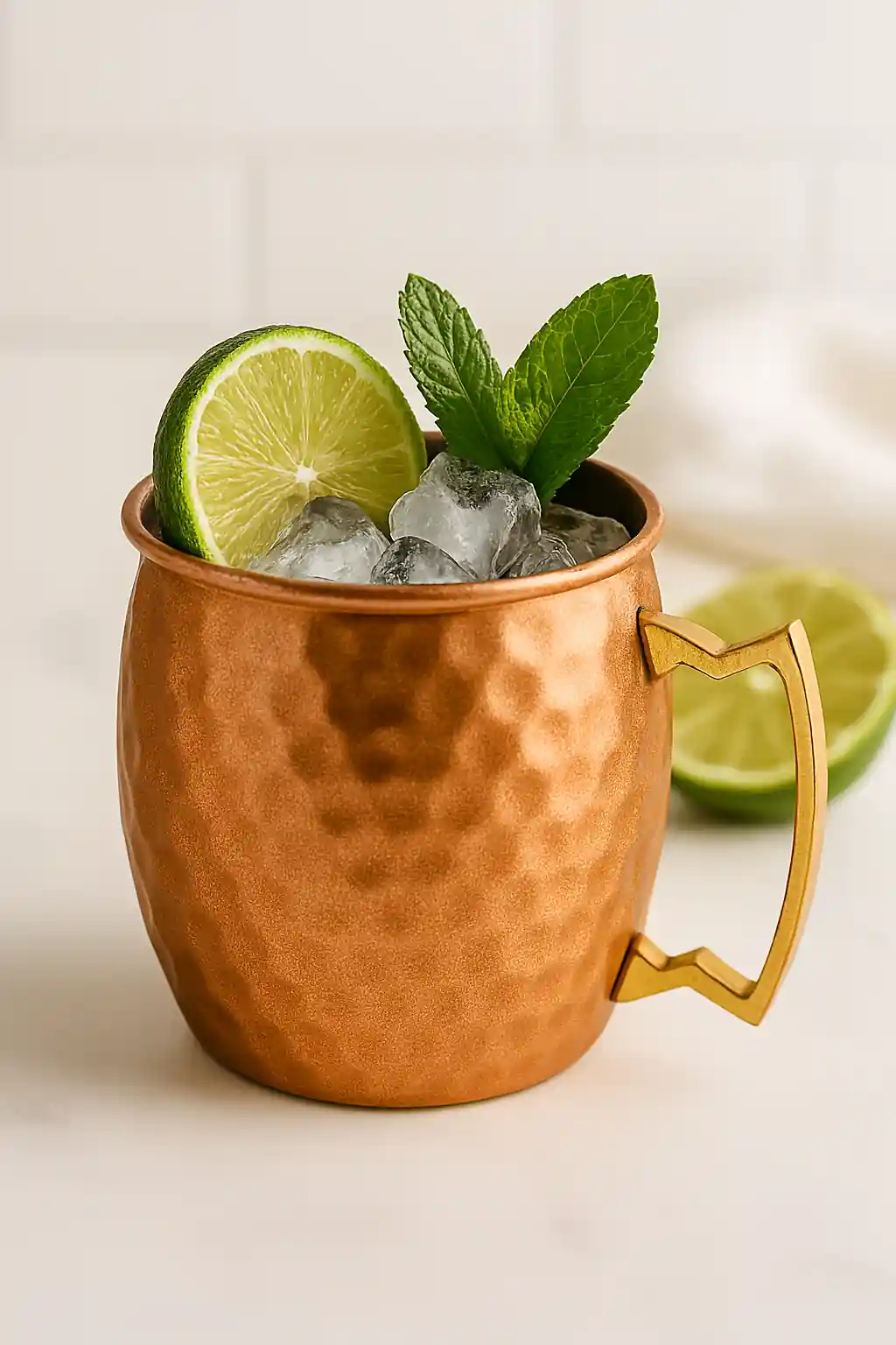 Copper mug filled with ice, garnished with a lime slice and fresh mint leaves on a light surface.
