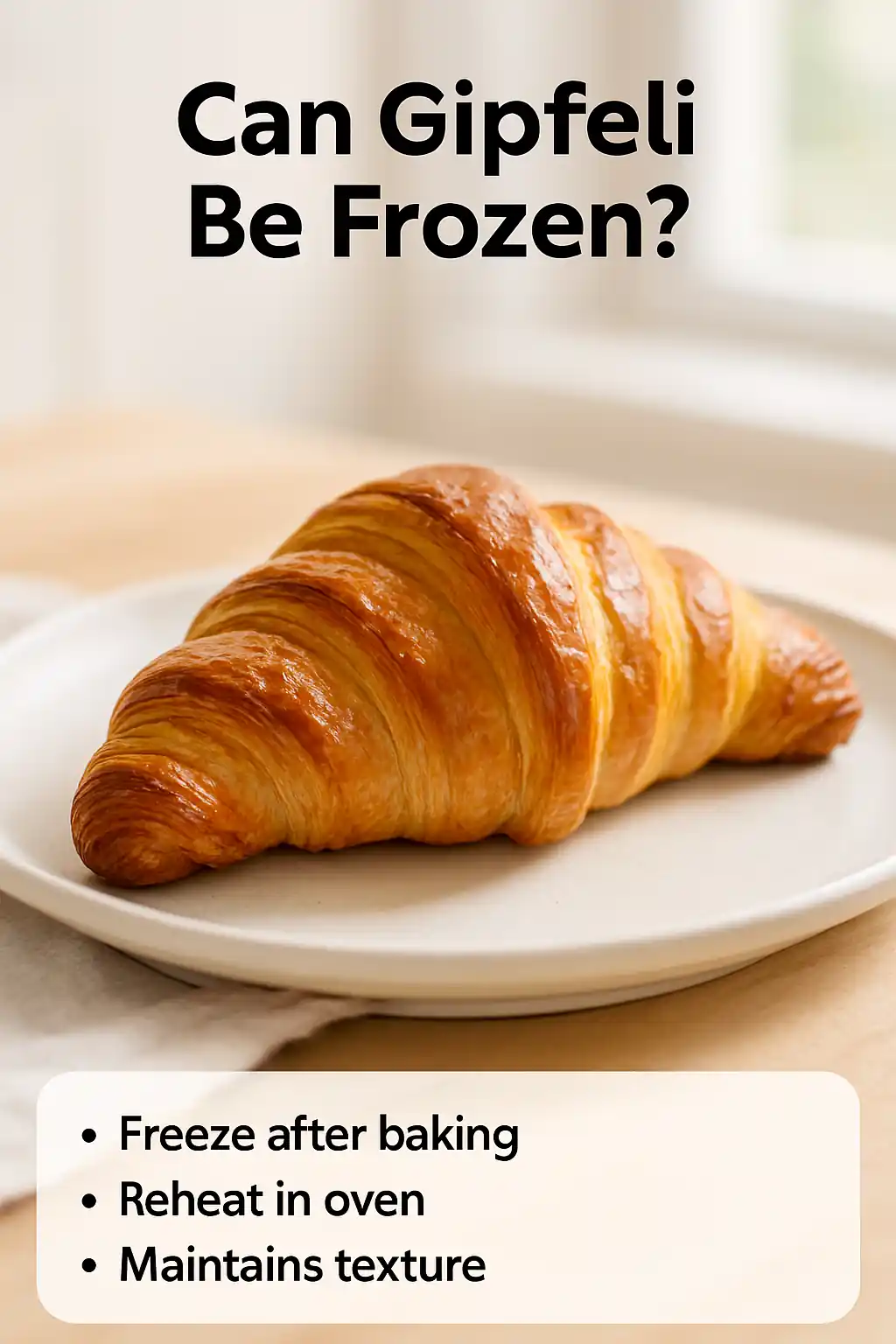 Golden-brown homemade gipfeli (Swiss croissants) plated on a white ceramic dish in bright natural kitchen lighting, minimal background, modern food photography style.