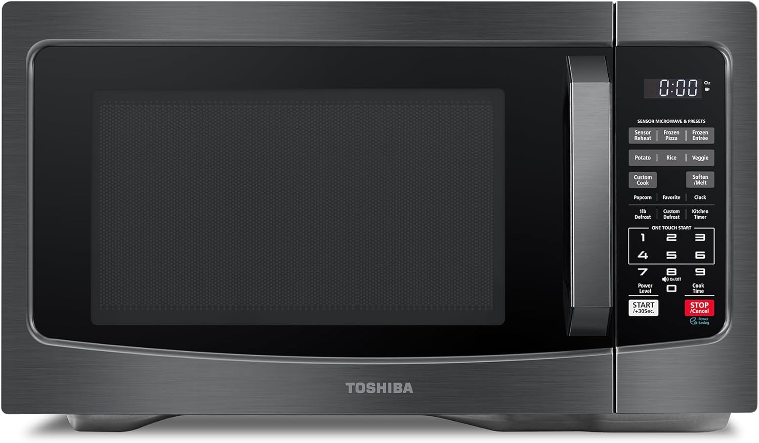 Toshiba black and stainless steel microwave oven with digital display showing “00:00” and a wide control panel featuring labeled buttons such as Sensor Reheat, Frozen Pizza, Potato, Rice, Veggie, Popcorn, Custom Cook, Soften/Melt, 1lb Defrost, Eco Mode, and numeric keypad for quick-start options.