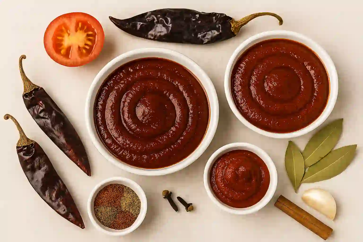 Three bowls of adobo sauce showing mild, smoky, and spicy variations with chipotle and ancho chiles
