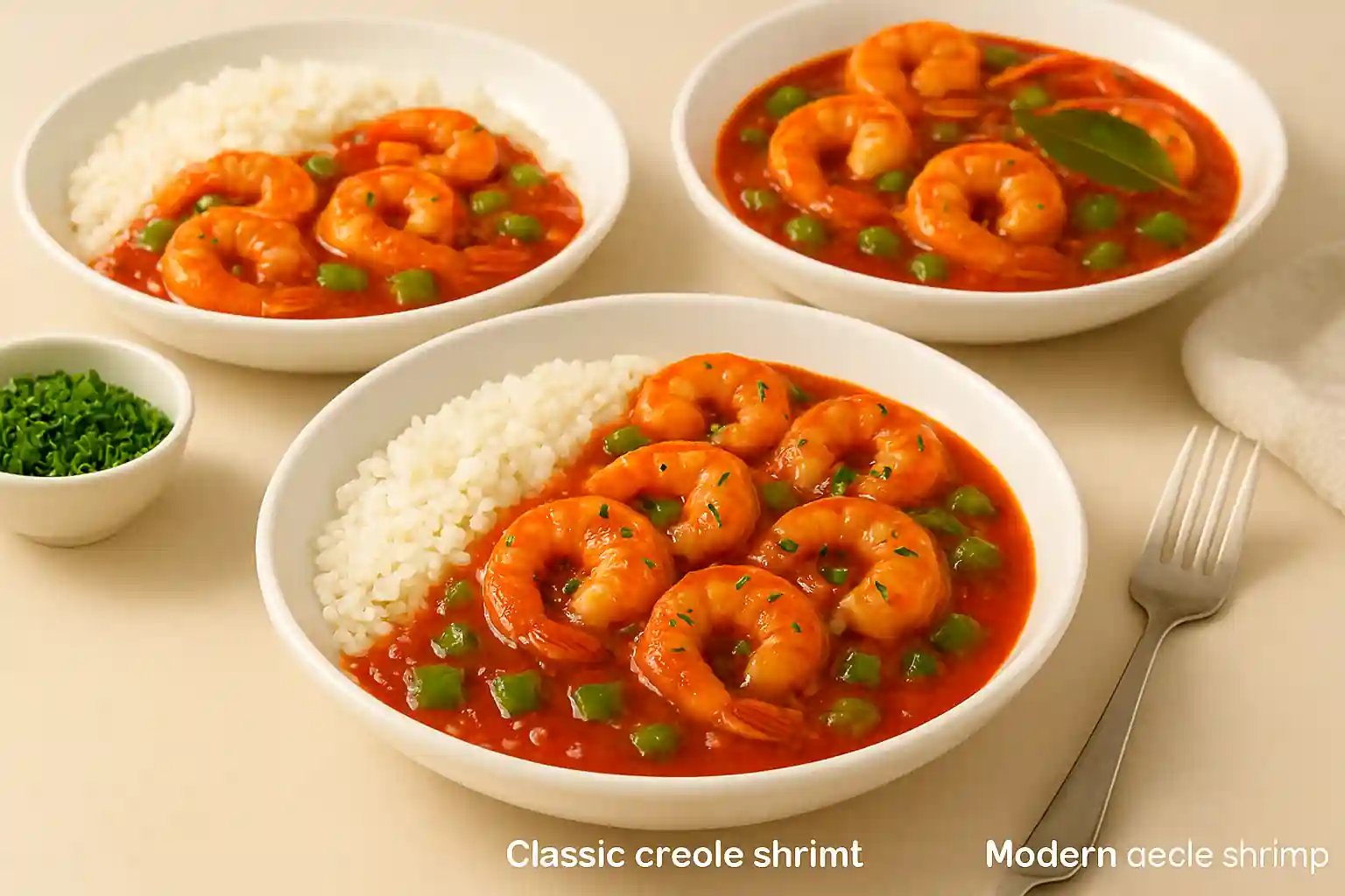 Three bowls of prawn creole variations—classic, modern, and healthy—styled in a sunlit kitchen.
