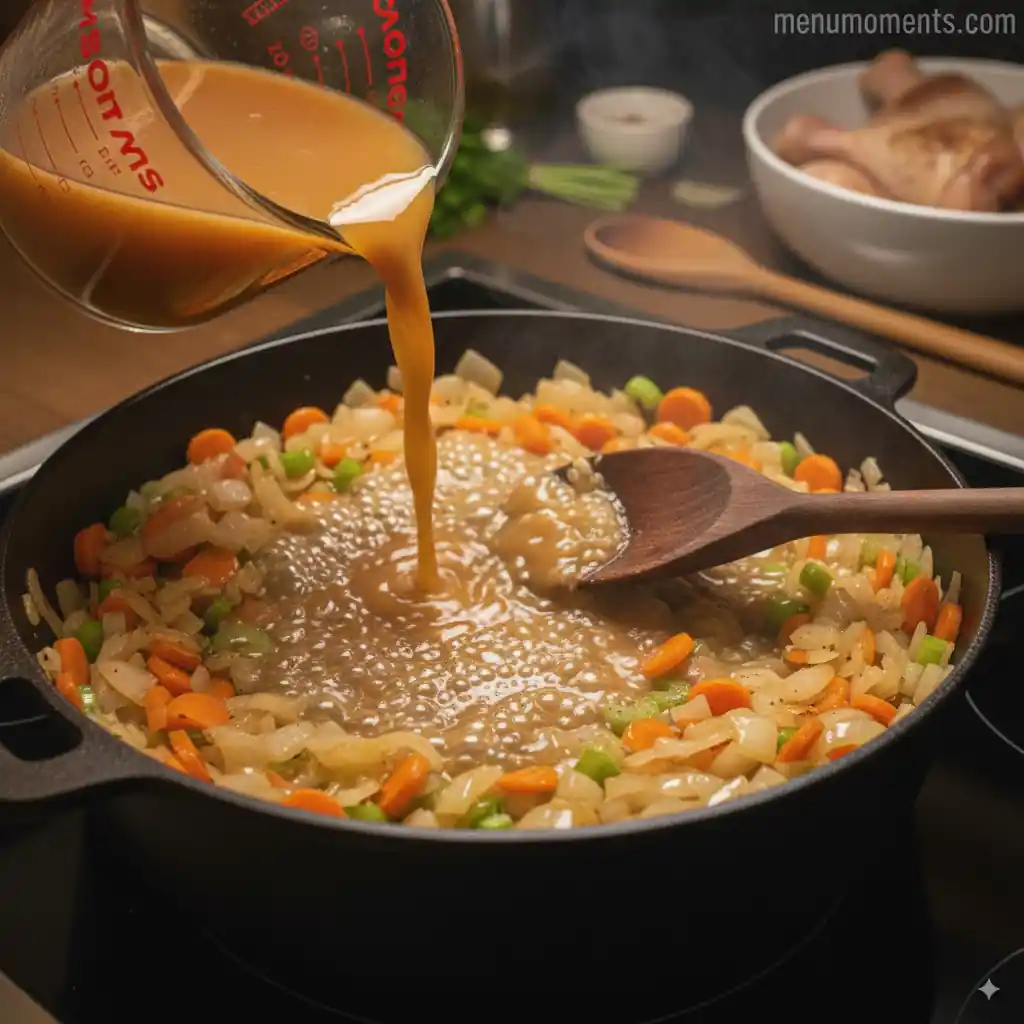 Chicken stock is being poured from a measuring cup into a cast iron skillet containing sautéed vegetables. The liquid is bubbling as a wooden spoon scrapes the bottom of the pan to lift browned bits. A "menumoments.com" watermark is visible in the background.