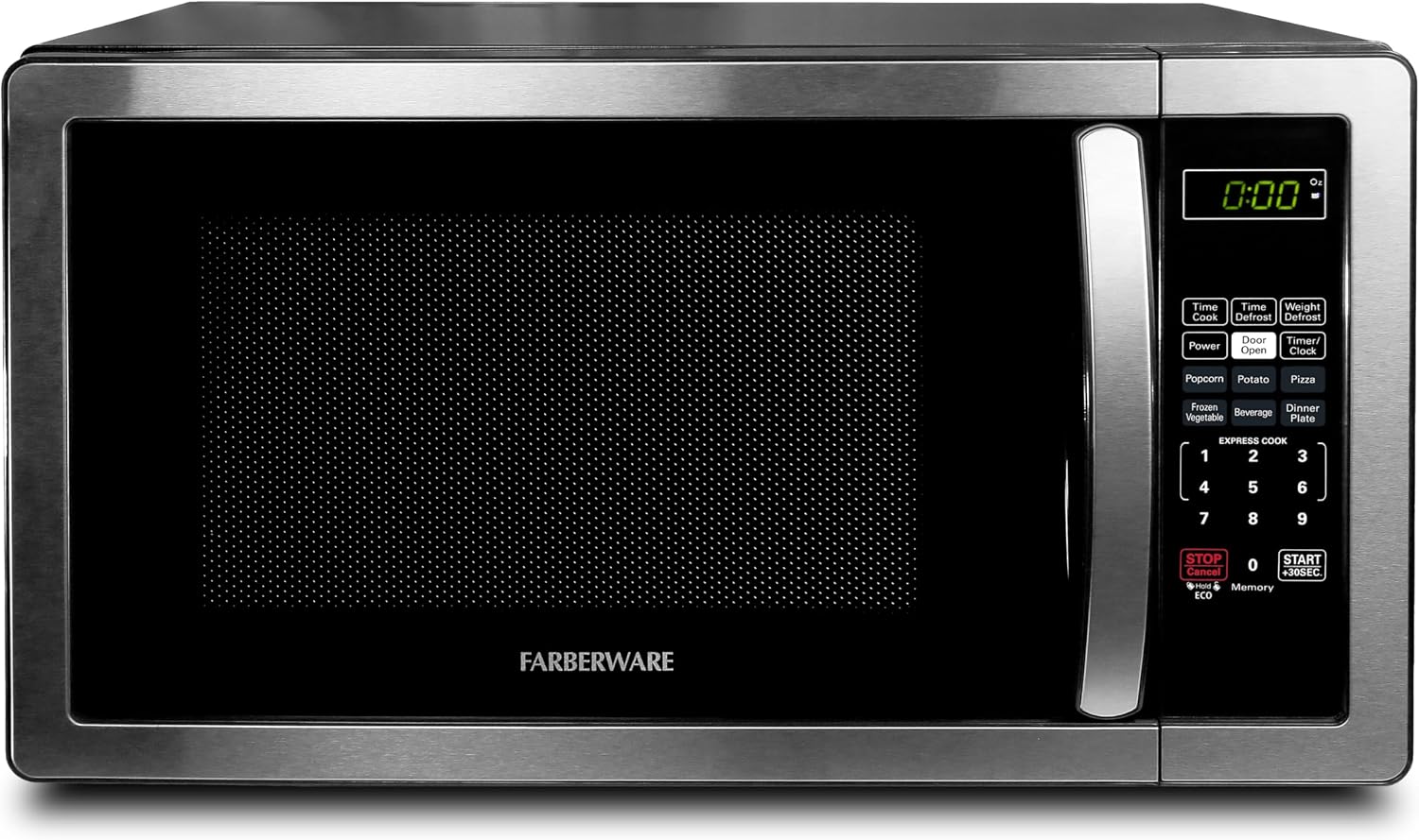 Farberware stainless steel microwave with black front door, perforated viewing window, and digital control panel featuring multiple cooking presets.