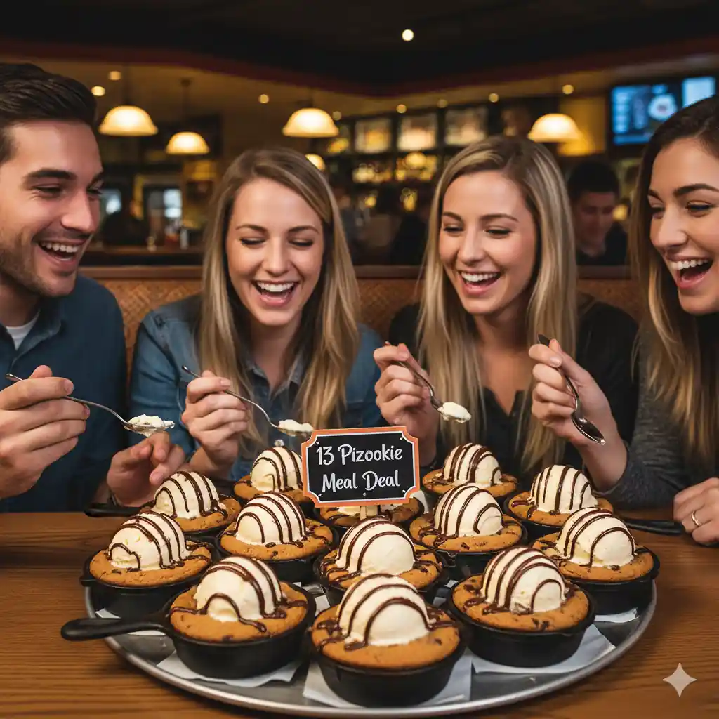 A group of smiling friends sharing a large tray of individual Pizookie® desserts topped with ice cream and chocolate syrup, with a small sign indicating "13 Pizookie Meal Deal