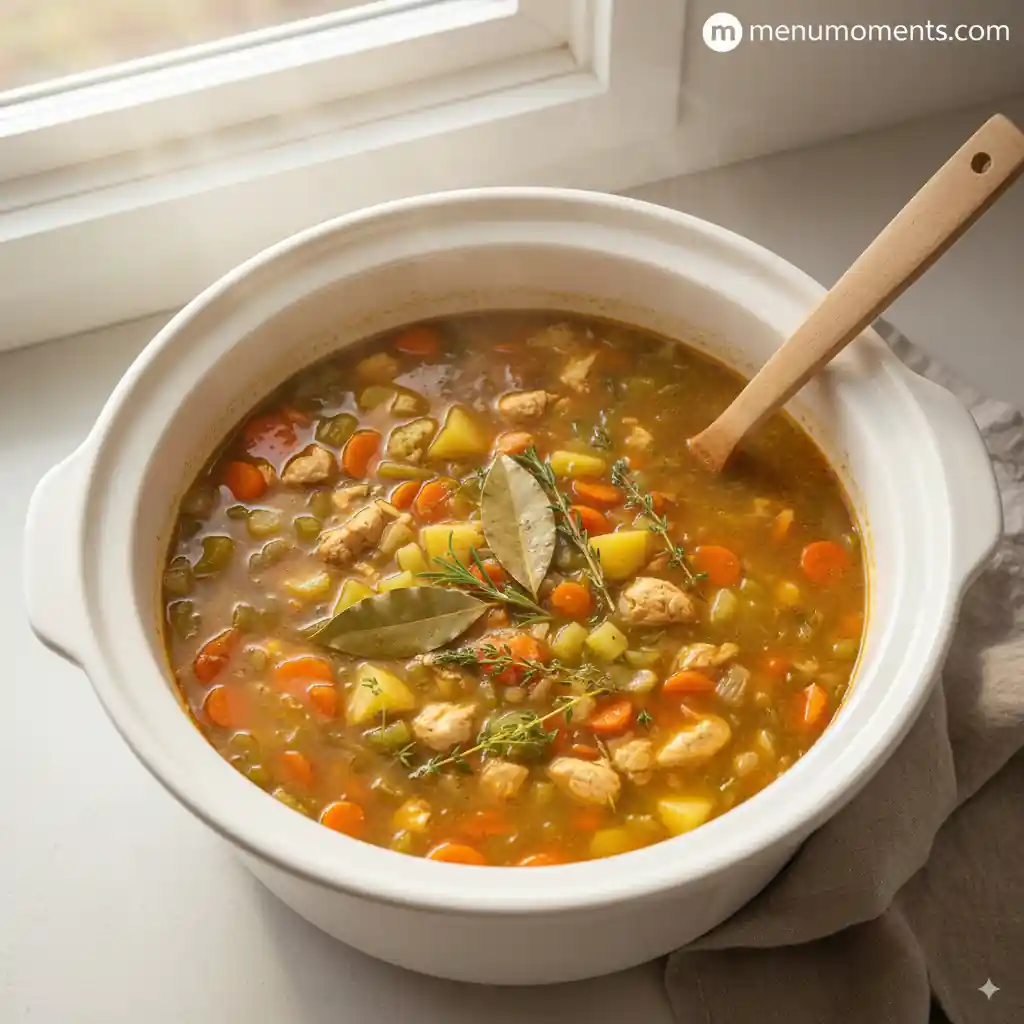 Steaming hot Crockpot Chicken Vegetable Soup with tender chicken, colorful vegetables, and herbs like bay leaf and rosemary, served in a white crockpot with a wooden ladle. Branded with menumoments.com.