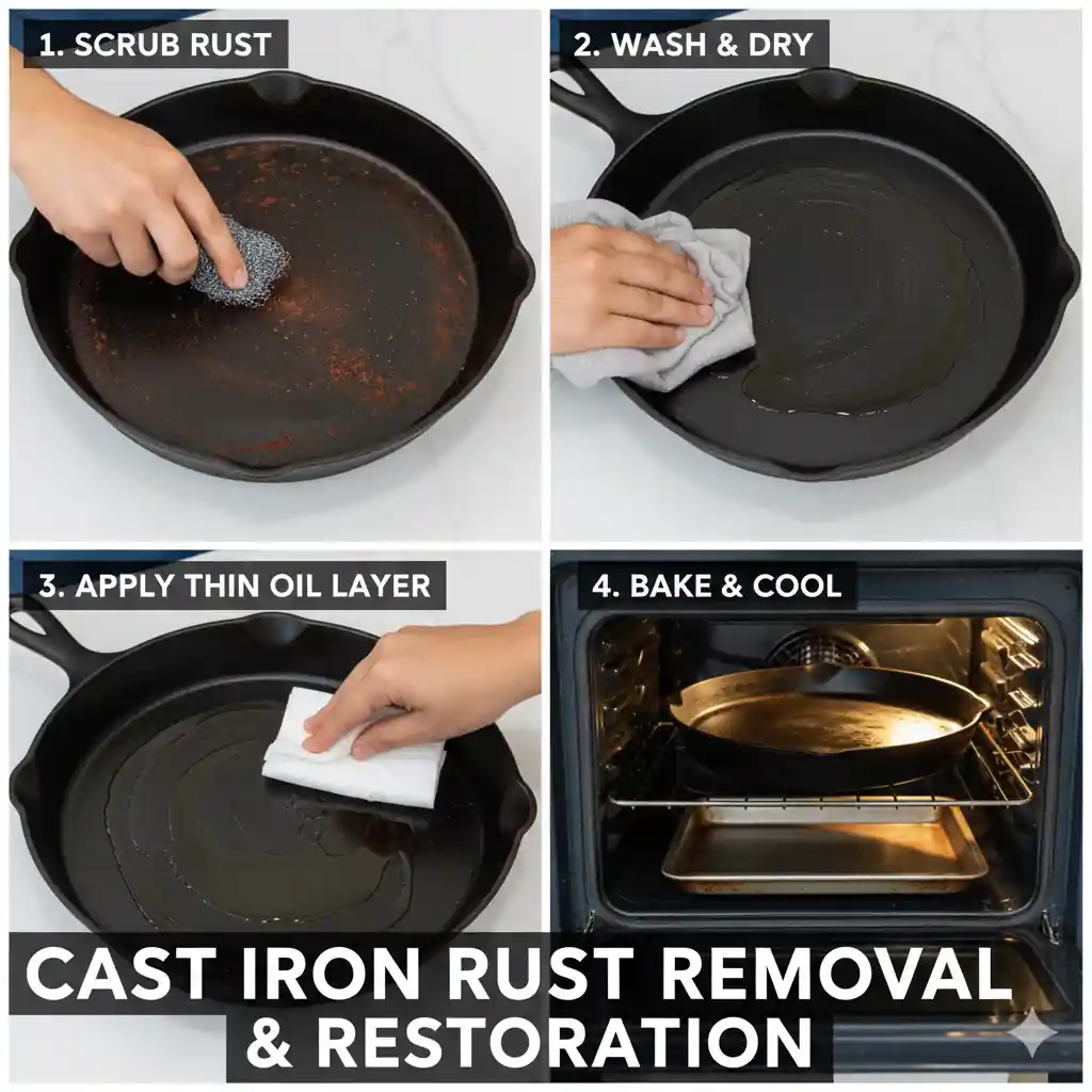 A four-panel image illustrating the process of removing rust from a cast iron pan and re-seasoning it.