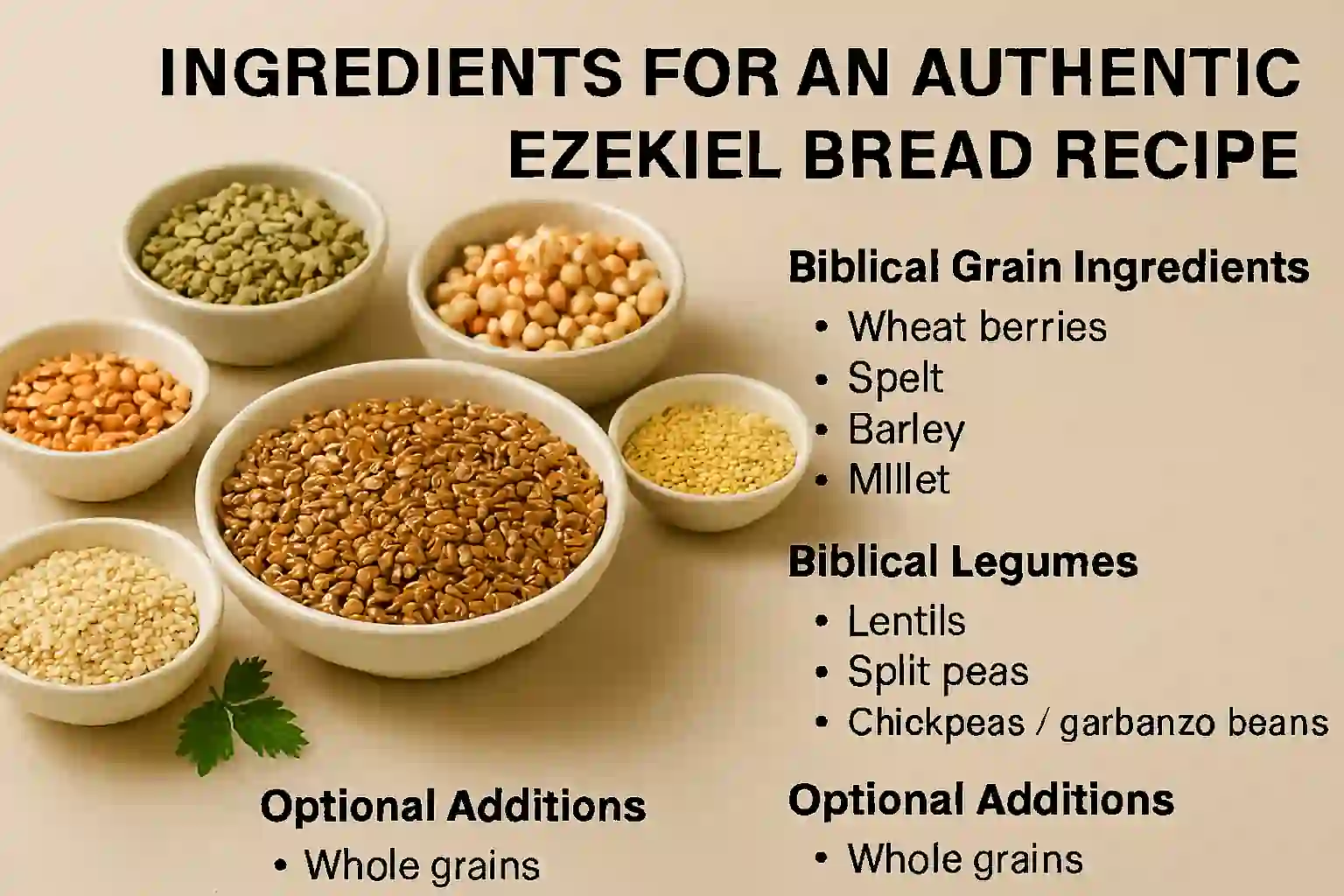 Ceramic bowls of biblical grains and legumes for Ezekiel bread on neutral kitchen surface