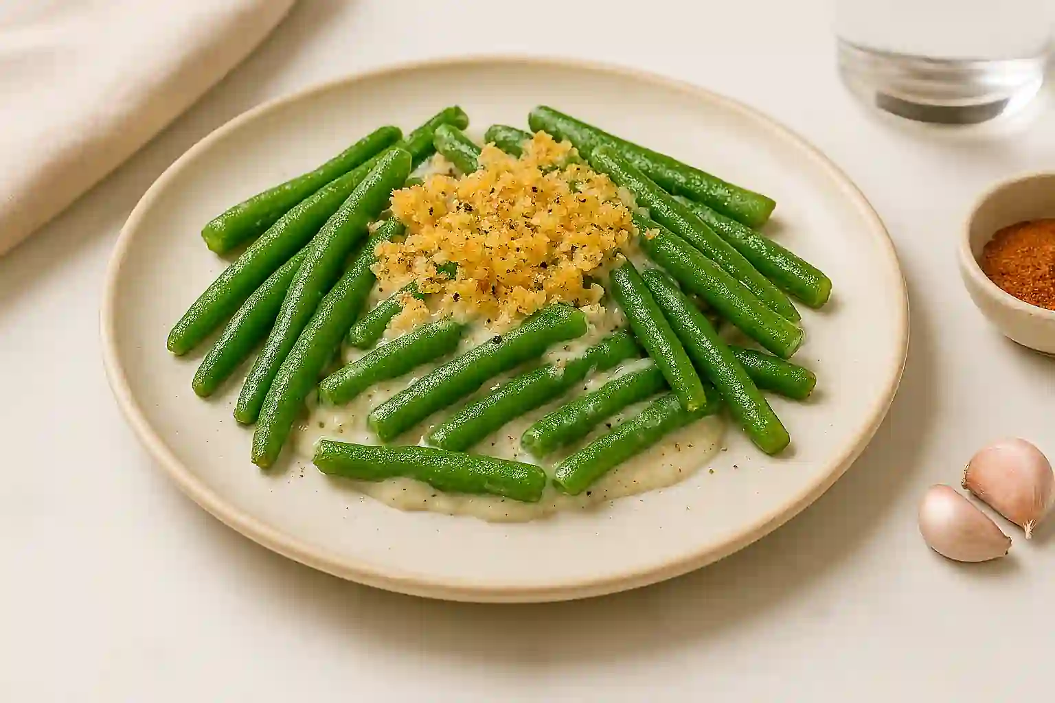 Creamy frozen green bean casserole topped with golden breadcrumbs and black pepper on a ceramic plate in a sunlit kitchen.