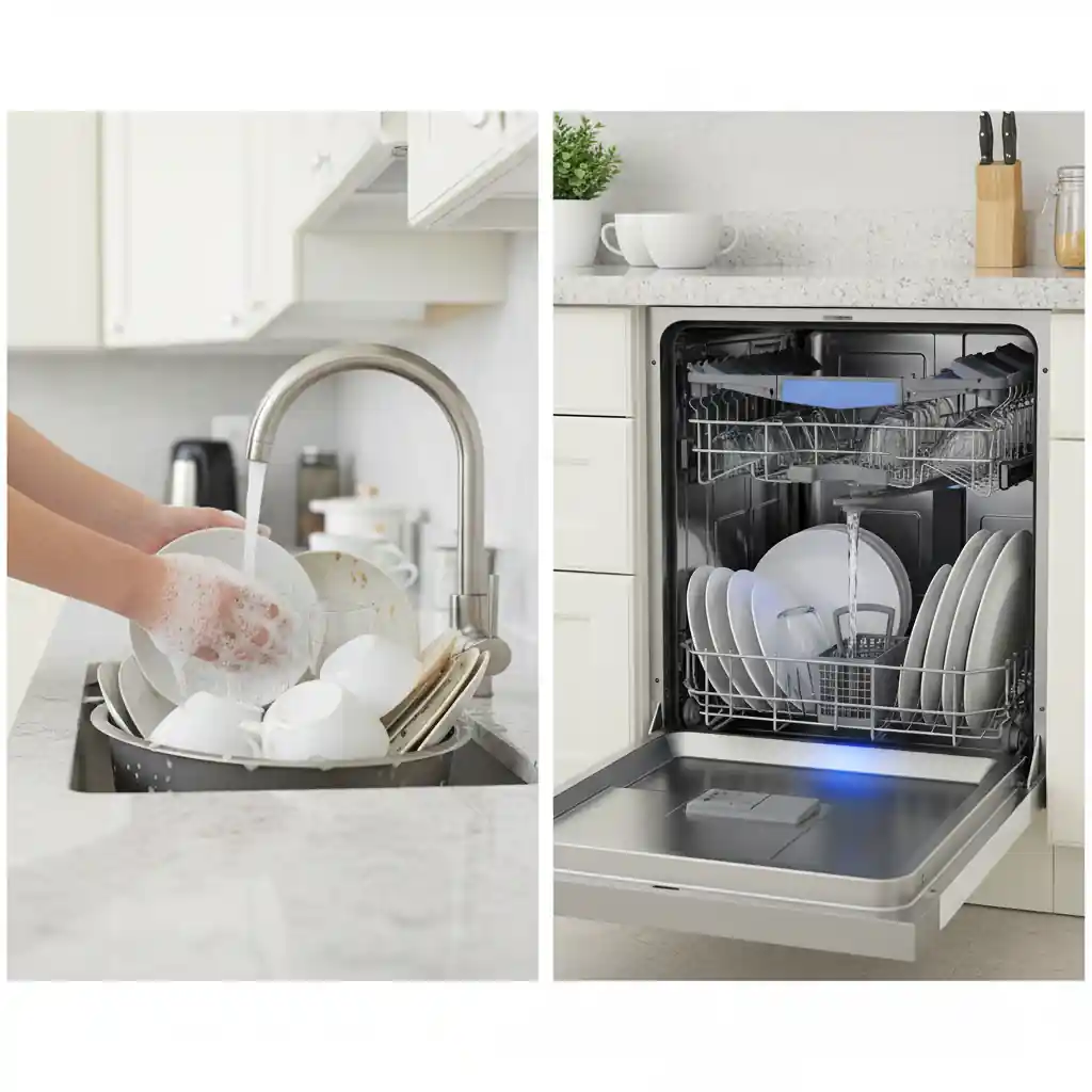 Split image showing hands washing dishes in a sink on the left and an open, loaded dishwasher with a blue light on the right, highlighting efficiency.