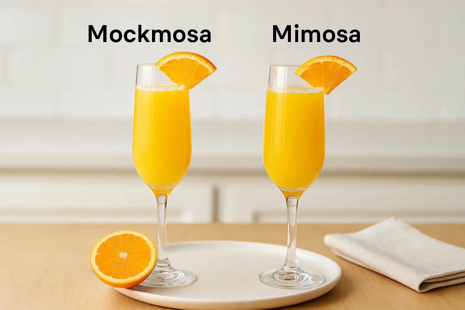 Side-by-side comparison of mockmosa and mimosa in champagne flutes with orange garnish on a bright kitchen counter