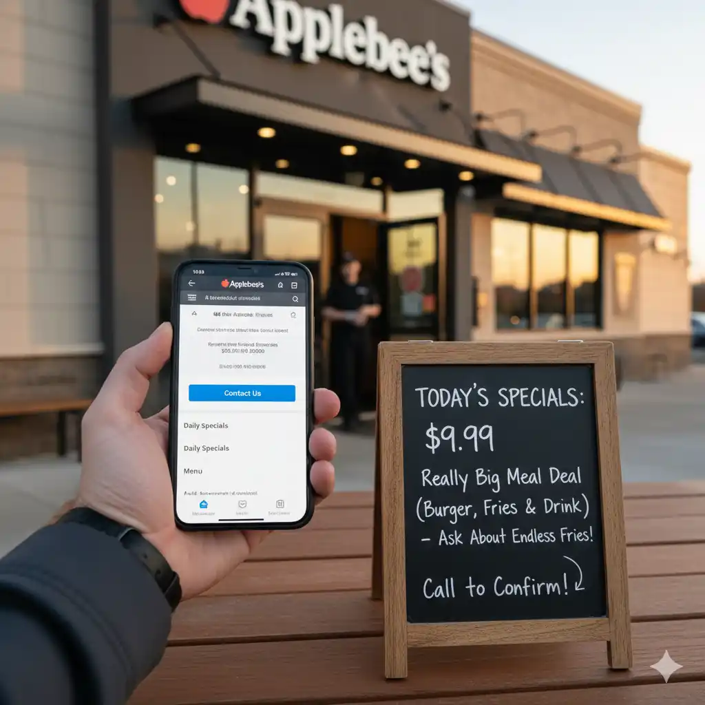 A person holding a smartphone displaying the Applebee's app with "Contact Us" information, next to a chalkboard sign that reads "TODAY'S SPECIALS: $9.99 Really Big Meal Deal (Burger, Fries & Drink) - Ask About Endless Fries! Call to Confirm!" with an Applebee's restaurant in the background.