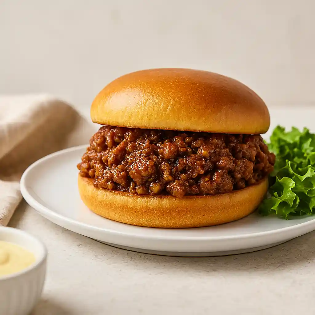 Sloppy Joe sandwich on a white ceramic plate with golden brioche bun and rich beef filling, styled with fresh greens in bright natural kitchen lighting.