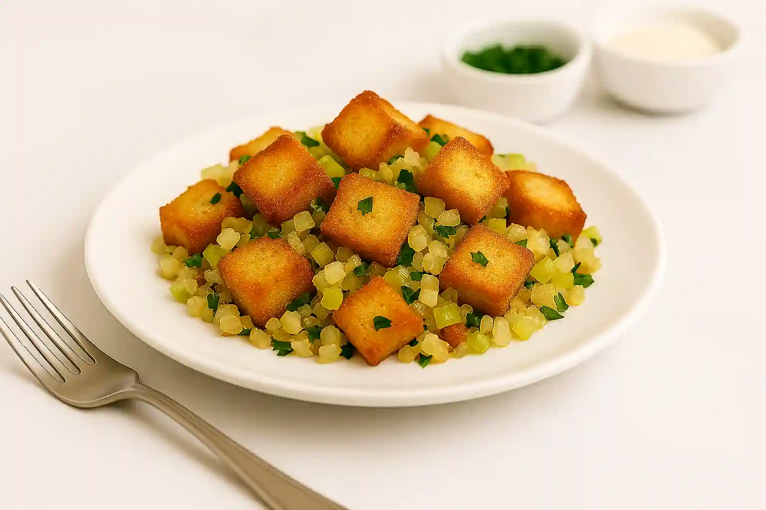 Gluten-free bread stuffing served on a white plate with golden bread cubes, sautéed celery, onions, and fresh parsley in bright natural kitchen lighting.