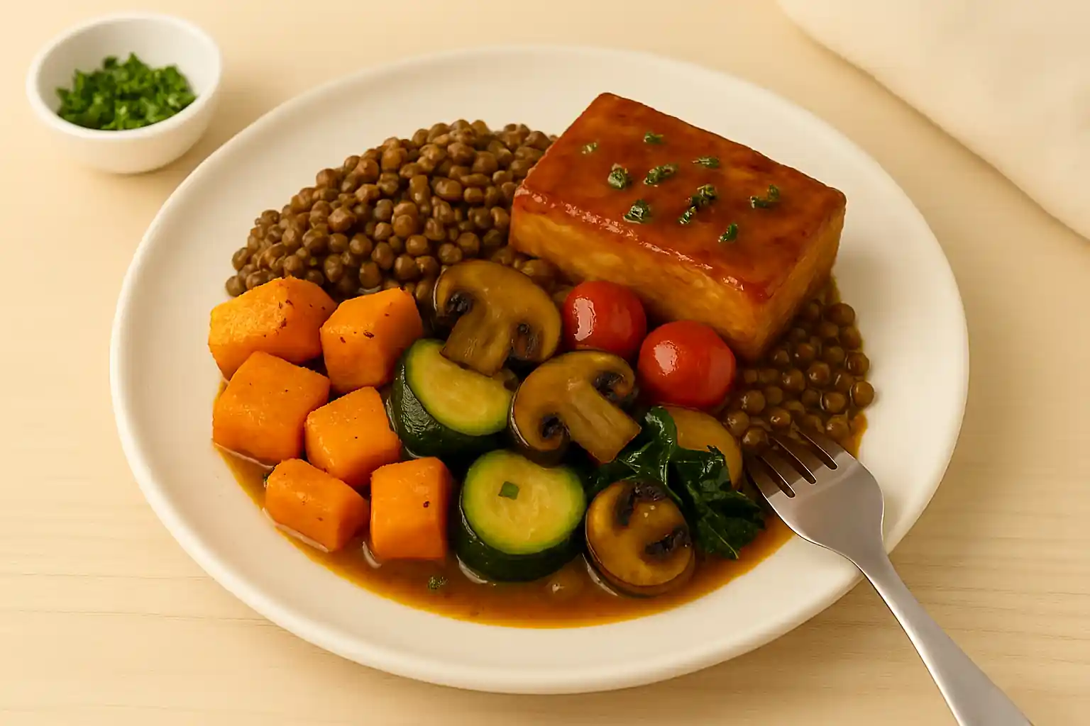 "Single-serving vegan casserole with glazed tofu, lentils, mushrooms, and roasted vegetables in natural kitchen light"