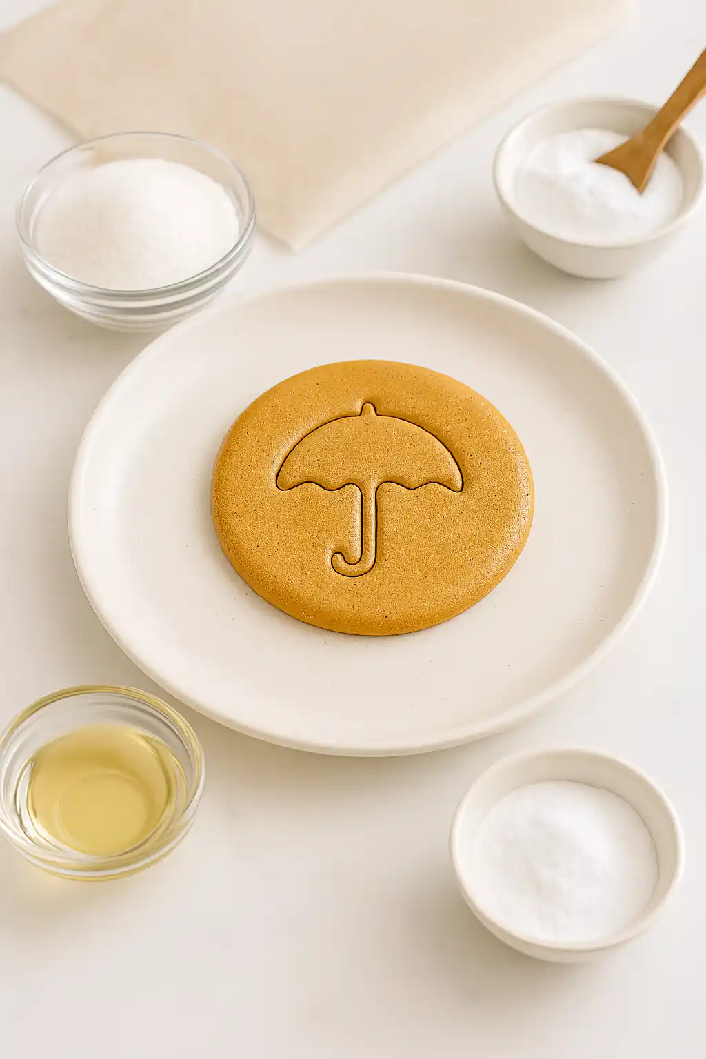 Homemade Squid Game dalgona cookie with umbrella stamp plated on ceramic dish with minimalist ingredients