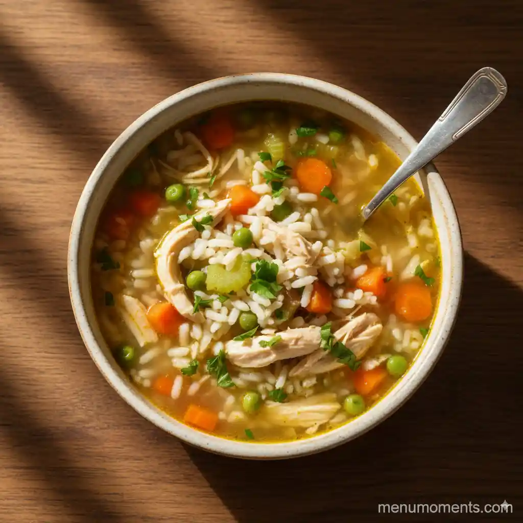 Close-up overhead shot of a bowl of hearty chicken rice soup, garnished with fresh parsley, containing shredded chicken, rice, carrots, celery, and peas, with a spoon, branded menumoments.com