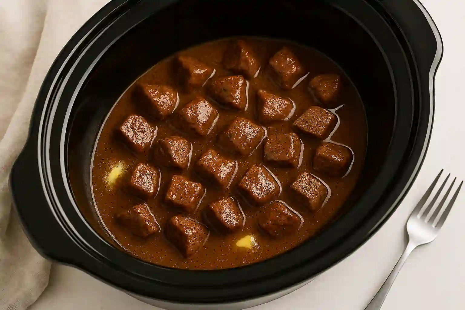 Beef tips simmering in crock pot with rich brown gravy and melted butter under natural kitchen light