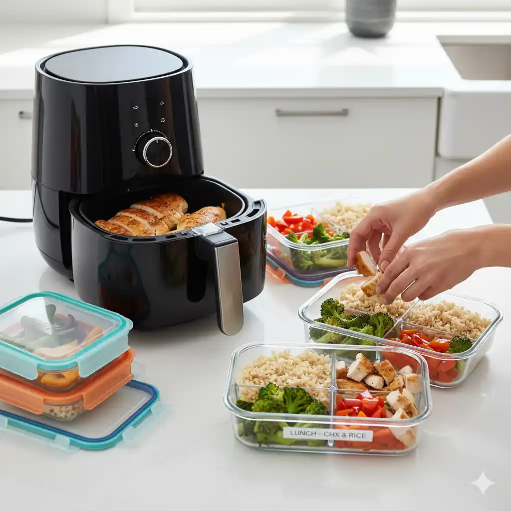 Cooked air fryer chicken breast in an air fryer basket, with a person portioning sliced chicken into meal prep containers alongside rice and vegetables in a bright kitchen.