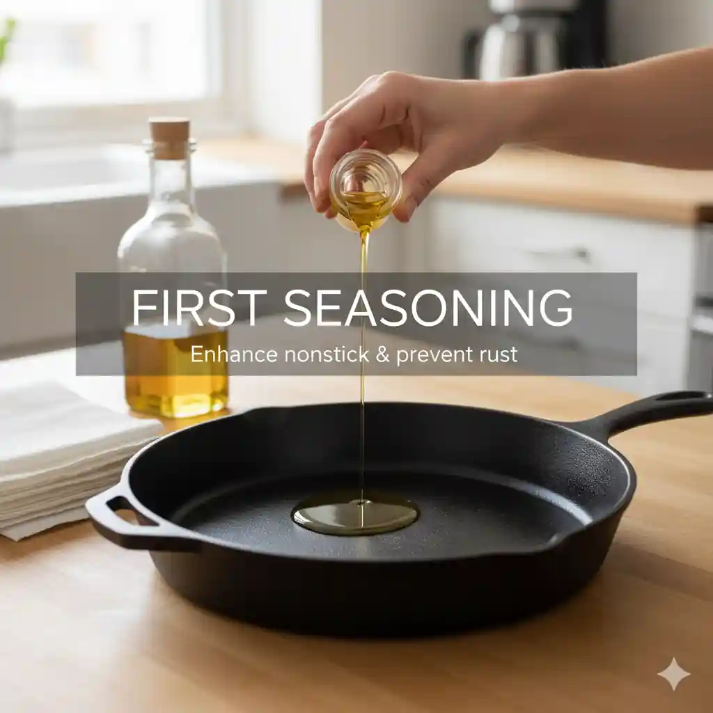 A hand pouring oil into a new cast iron skillet on a kitchen counter, with text indicating "FIRST SEASONING" to "Enhance nonstick & prevent rust."