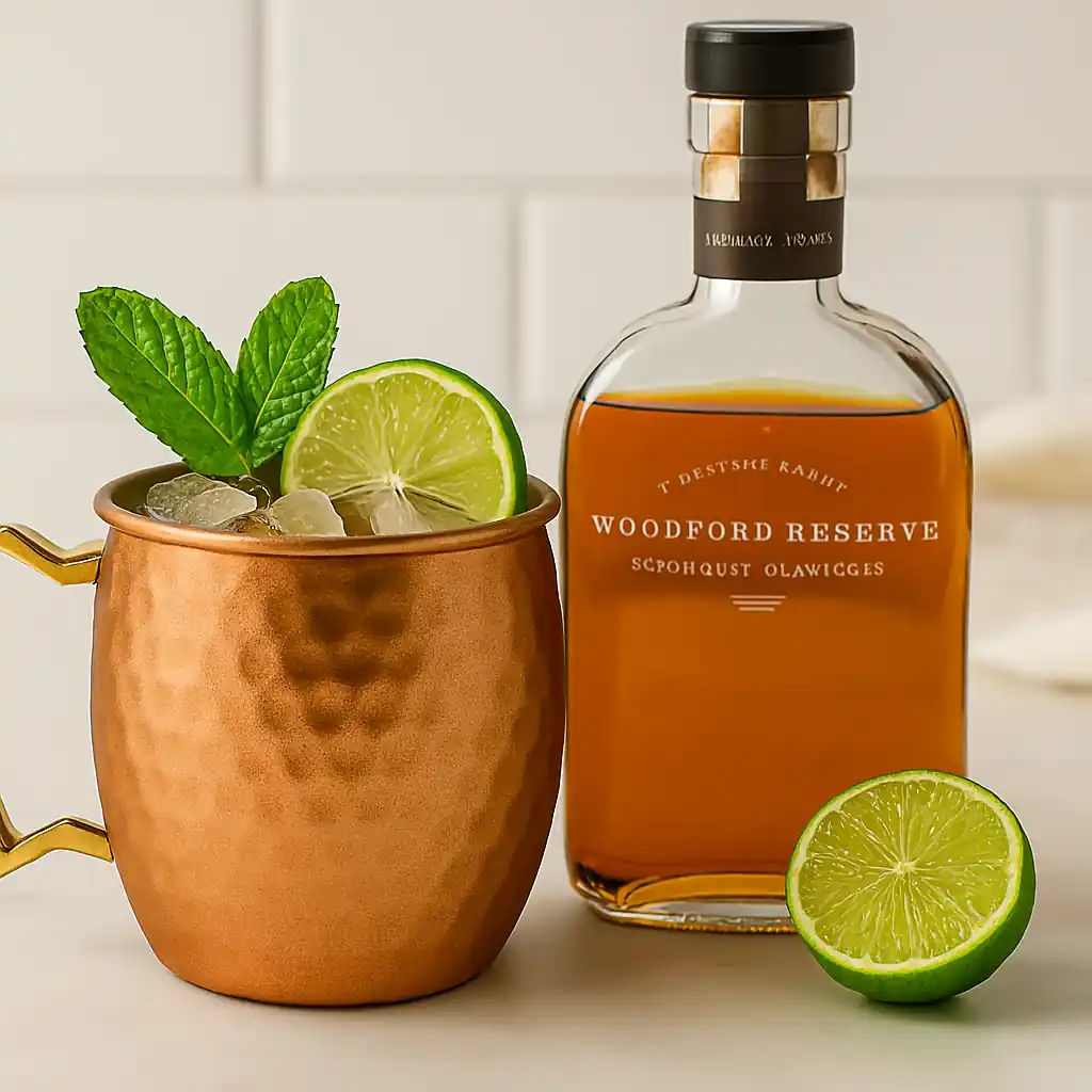 Kentucky Mule cocktail in a copper mug beside a bottle of Woodford Reserve bourbon on a marble countertop.