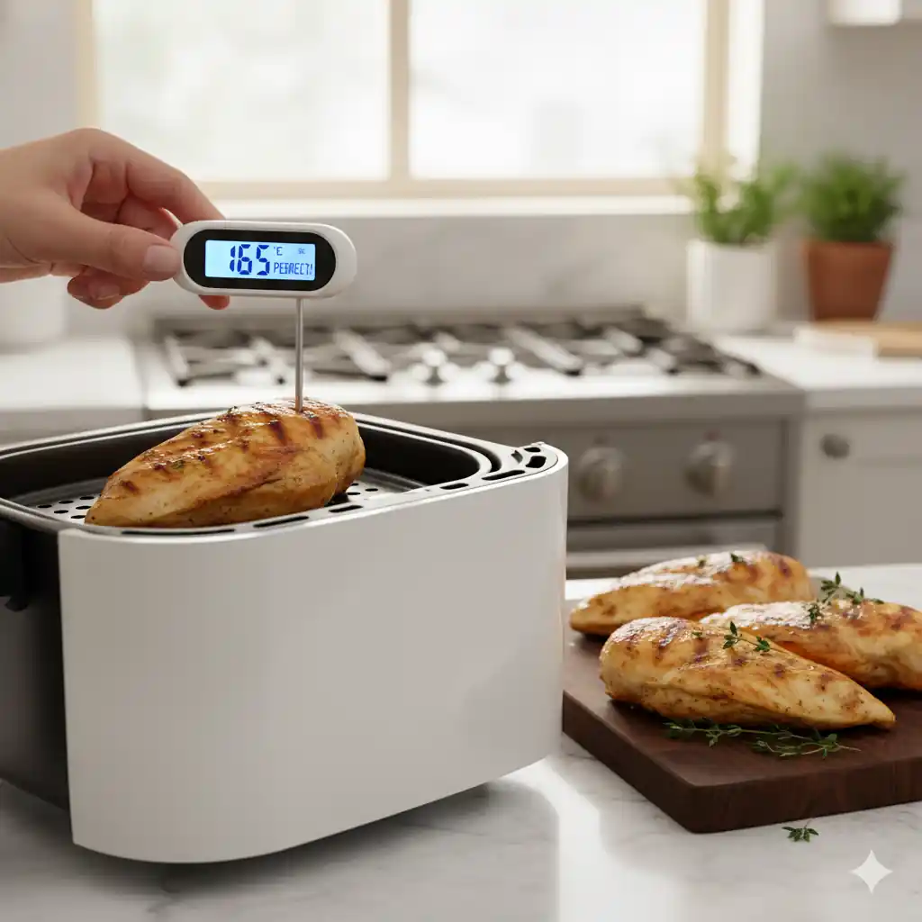 A hand using a digital meat thermometer to check the internal temperature of a cooked chicken breast in an air fryer basket, showing 165°F.