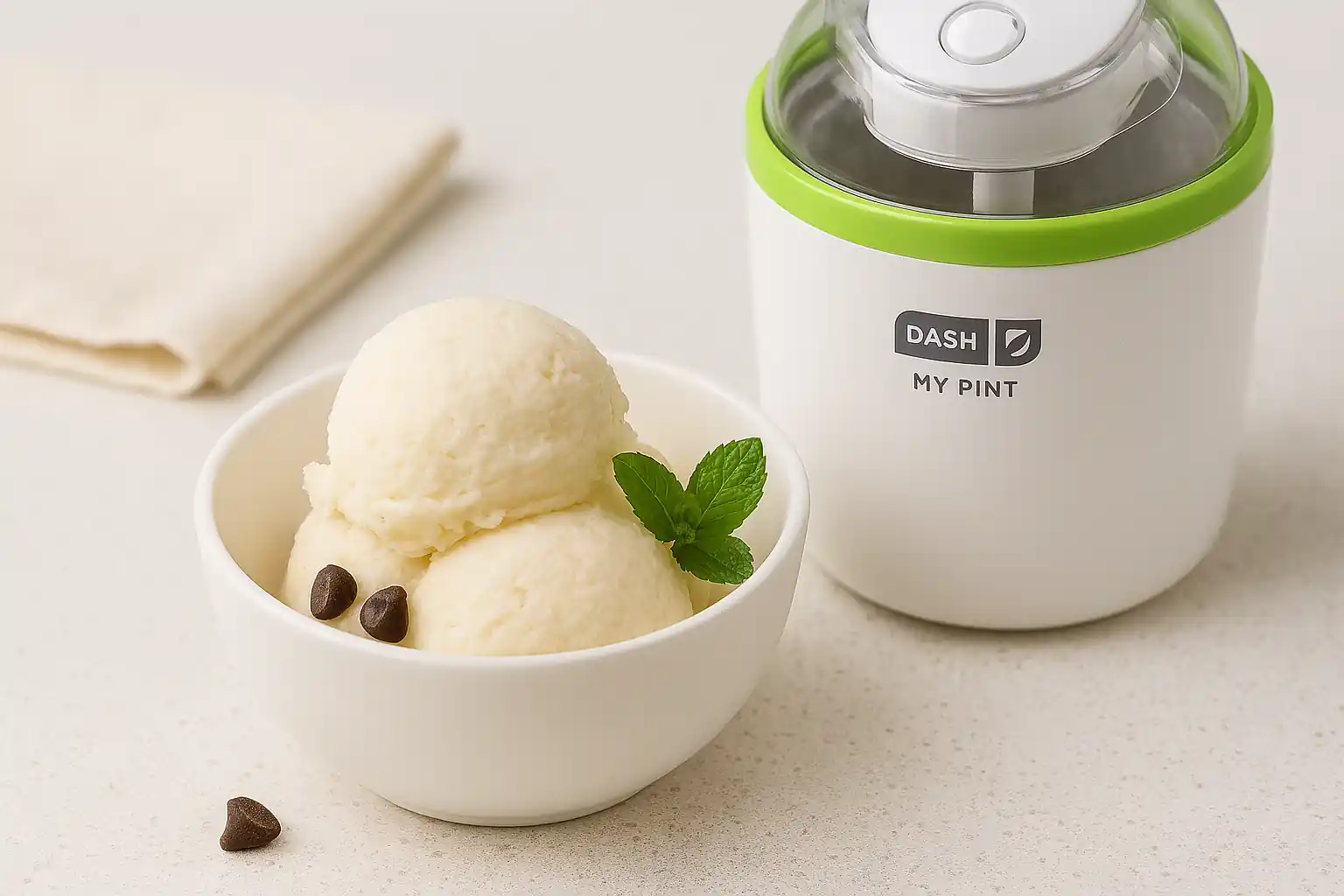 Dash My Pint Ice Cream Maker beside a bowl of homemade vanilla ice cream with mint garnish on a bright kitchen counter.